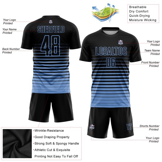 Light Soccer Fashion Fade Jersey Uniform Black Sublimation Custom Blue Pinstripe