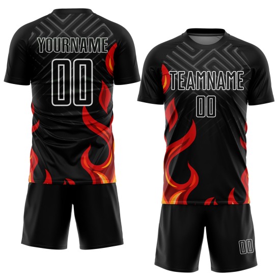 Red-Gold Uniform Jersey Sublimation Black Custom Soccer Flame Red-Gold Uniform Jersey Sublimation Black Custom Soccer Flame