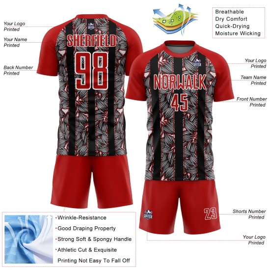 Black-White Red Uniform Sublimation Flowers Soccer Jersey Custom Black-White Red Uniform Sublimation Flowers Soccer Jersey Custom