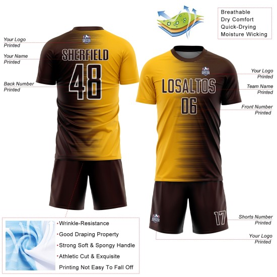 Gradient Sublimation Custom Soccer Jersey Uniform Line Brown Gold-White