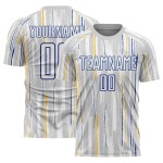 Custom Sublimation Pinstripe Gray Soccer Jersey White-Royal Uniform Custom Sublimation Pinstripe Gray Soccer Jersey White-Royal Uniform