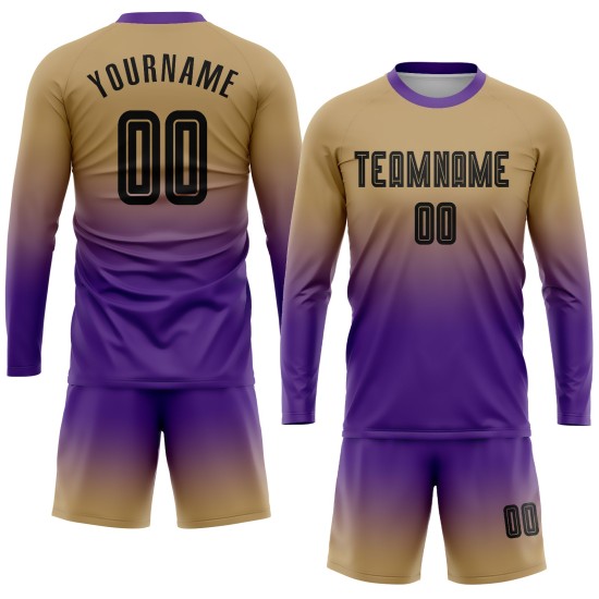 Soccer Gold Fashion Custom Fade Sublimation Black-Purple Uniform Sleeve Jersey Old Long