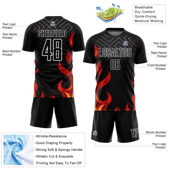 Red-Gold Uniform Jersey Sublimation Black Custom Soccer Flame Red-Gold Uniform Jersey Sublimation Black Custom Soccer Flame