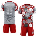 Geometric Sublimation Gray-White Custom Shape Jersey Soccer Uniform Red