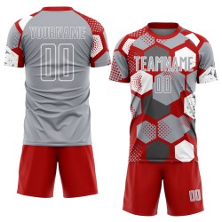 Geometric Sublimation Gray-White Custom Shape Jersey Soccer Uniform Red