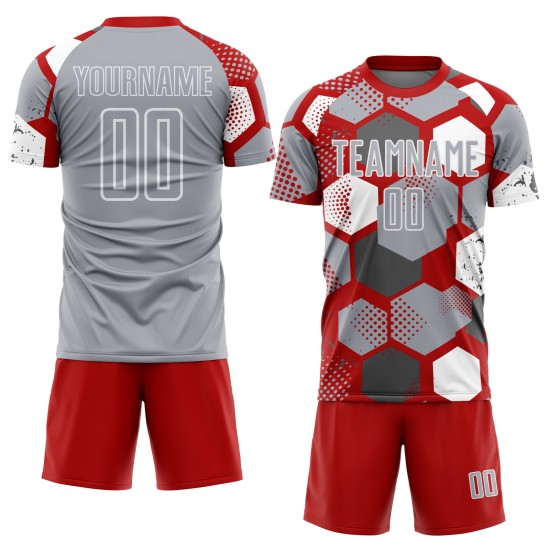 Geometric Sublimation Gray-White Custom Shape Jersey Soccer Uniform Red