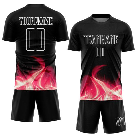 Custom White Flame Uniform Black Soccer Jersey Sublimation