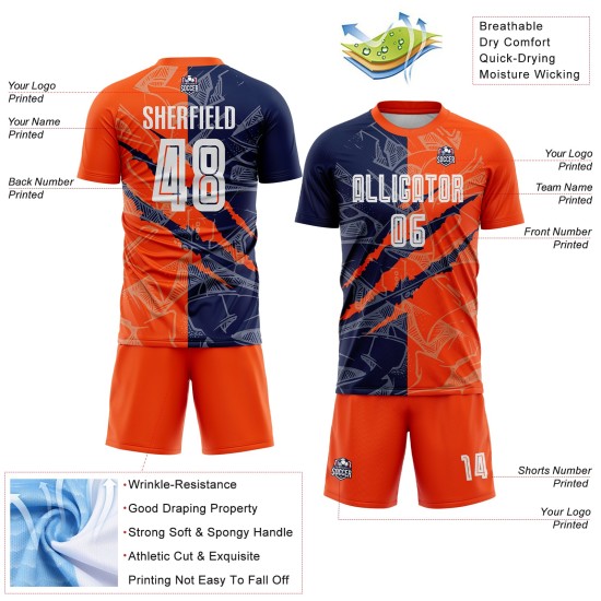 Custom Scratch Jersey Uniform Navy-Orange Soccer Graffiti Pattern Sublimation