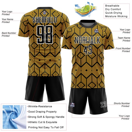 Shapes Geometric Soccer Sublimation Custom Black-White Uniform Jersey Abstract Gold Shapes Geometric Soccer Sublimation Custom Black-White Uniform Jersey Abstract Gold