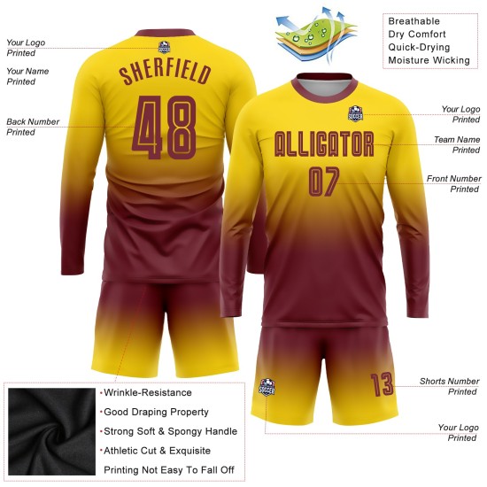 Gold Uniform Sublimation Fashion Fade Burgundy Soccer Long Jersey Custom Sleeve