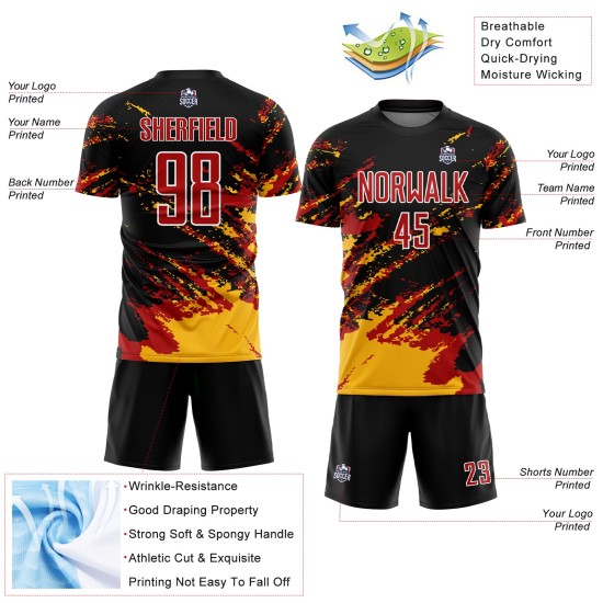 Abstract Custom Uniform Splash Soccer Art Black Red-Gold Jersey Fragment Sublimation