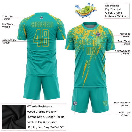 Aqua Custom Gold Sublimation Uniform Soccer Jersey