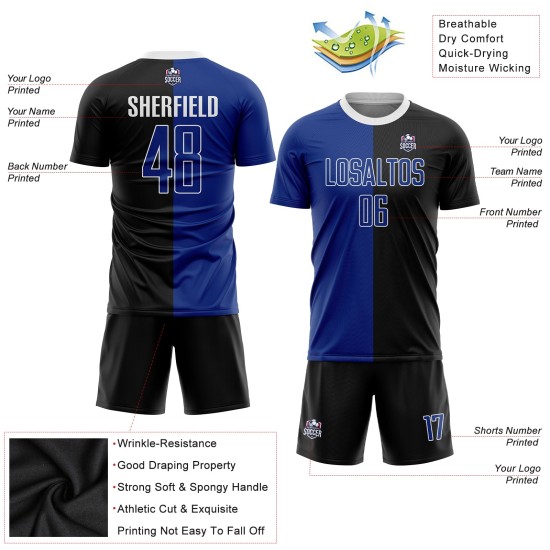 Fashion Soccer Jersey Sublimation Custom Uniform Royal-White Split Black
