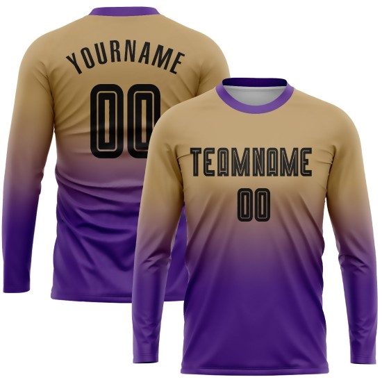 Soccer Gold Fashion Custom Fade Sublimation Black-Purple Uniform Sleeve Jersey Old Long
