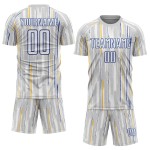Custom Sublimation Pinstripe Gray Soccer Jersey White-Royal Uniform Custom Sublimation Pinstripe Gray Soccer Jersey White-Royal Uniform