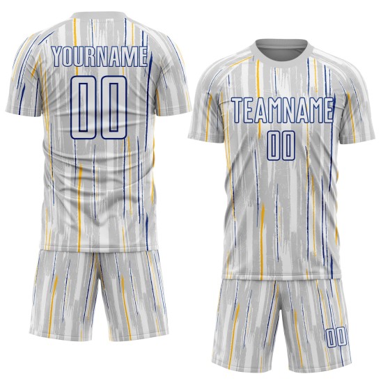 Custom Sublimation Pinstripe Gray Soccer Jersey White-Royal Uniform Custom Sublimation Pinstripe Gray Soccer Jersey White-Royal Uniform