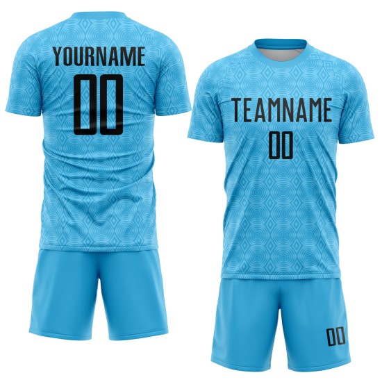 Sky Geometric Sublimation Custom Jersey Uniform Blue Soccer Shapes Black