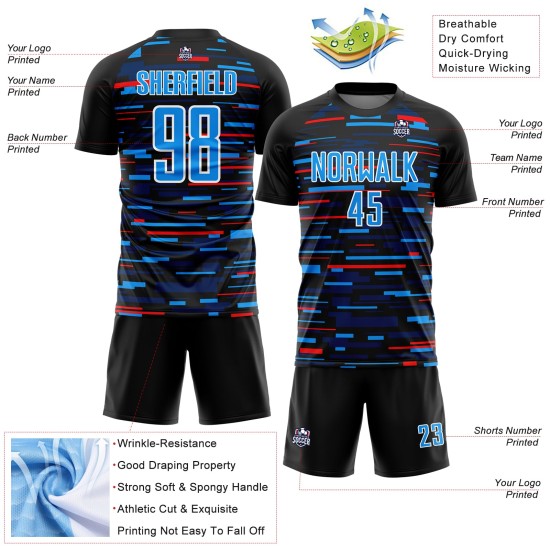 Blue-White Soccer Lines Jersey Sublimation Custom Black Sky Uniform