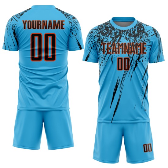 Custom Black-Orange Sublimation Jersey Soccer Uniform Sky Blue