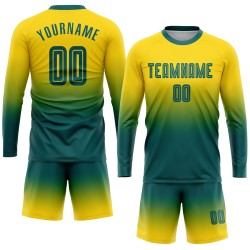 Long Fade Custom Gold Fashion Sublimation Teal Sleeve Uniform Soccer Jersey Long Fade Custom Gold Fashion Sublimation Teal Sleeve Uniform Soccer Jersey