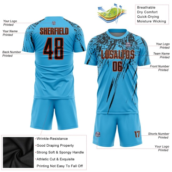 Custom Black-Orange Sublimation Jersey Soccer Uniform Sky Blue