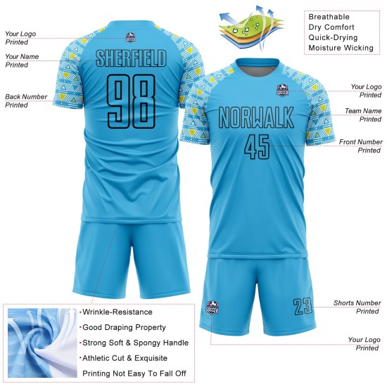 Custom Shape Geometric Blue Black Uniform Soccer Sky Sublimation Jersey