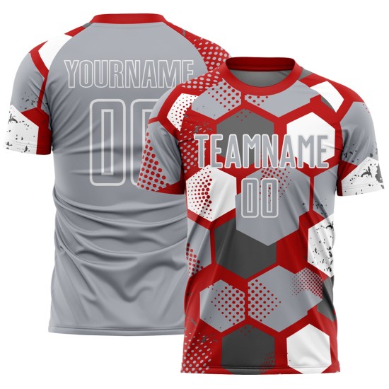 Geometric Sublimation Gray-White Custom Shape Jersey Soccer Uniform Red