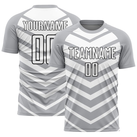 Gray Custom Uniform White-Black Sublimation Soccer Shapes Arrow Jersey