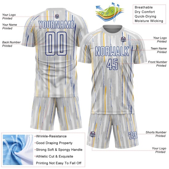 Custom Sublimation Pinstripe Gray Soccer Jersey White-Royal Uniform Custom Sublimation Pinstripe Gray Soccer Jersey White-Royal Uniform