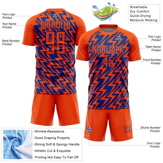 Lightning Sublimation Soccer Jersey Uniform Custom Orange Royal Lightning Sublimation Soccer Jersey Uniform Custom Orange Royal