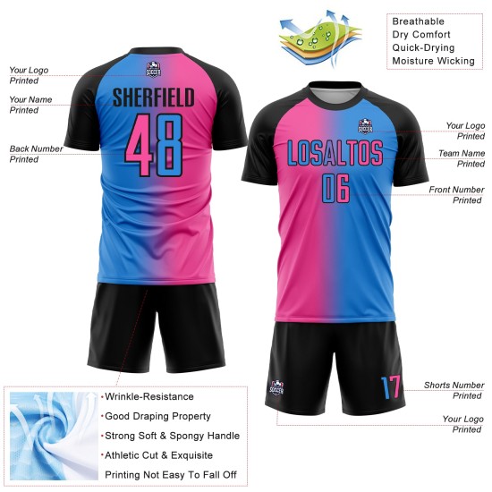 Fashion Gradient Sublimation Powder Soccer Jersey Pink-Black Custom Blue Uniform