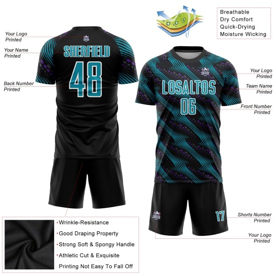 Sublimation Uniform Custom Black Soccer Teal-White Jersey