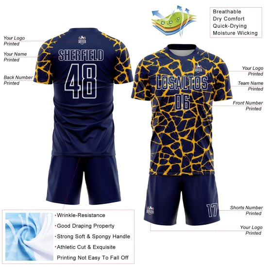 Uniform Gold-White Jersey Splash Soccer Network Abstract Navy Custom Sublimation