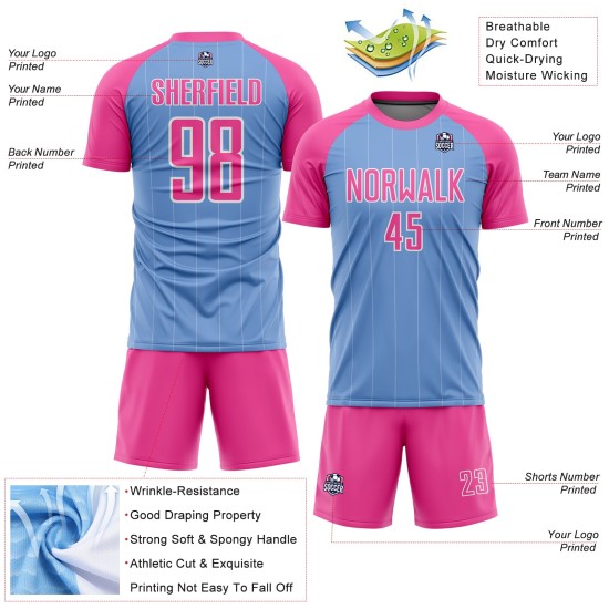Sublimation Pinstripe Custom Pink-White Light Jersey Uniform Soccer Blue