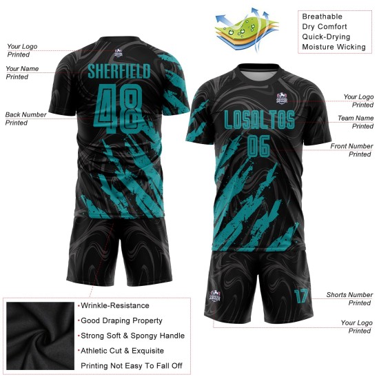 Teal Jersey Custom Soccer Sublimation Black Uniform