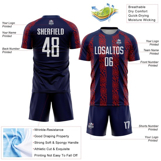 Abstract Shape Sublimation Soccer Uniform Navy White-Red Custom Jersey