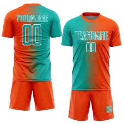 Uniform Gradient Orange Soccer Jersey Sublimation Custom Line Aqua-White