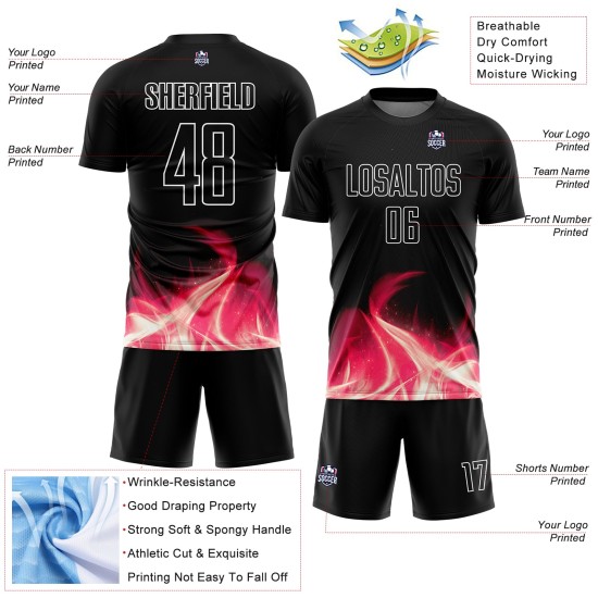 Custom White Flame Uniform Black Soccer Jersey Sublimation