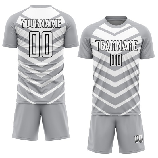 Gray Custom Uniform White-Black Sublimation Soccer Shapes Arrow Jersey