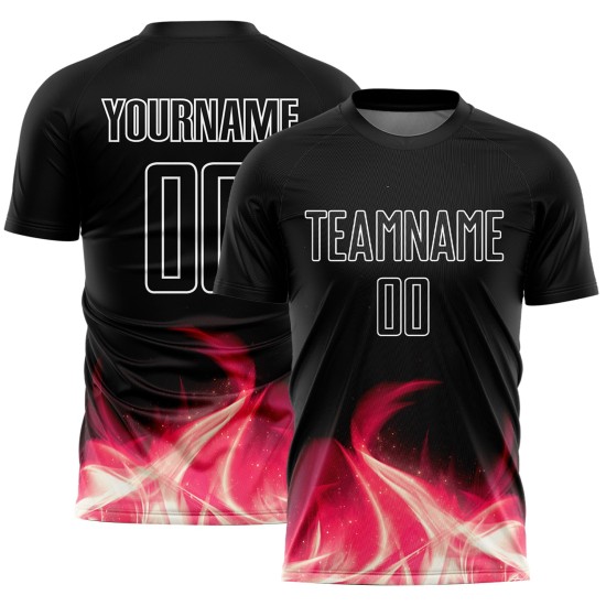 Custom White Flame Uniform Black Soccer Jersey Sublimation