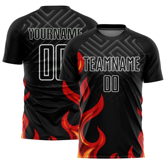 Red-Gold Uniform Jersey Sublimation Black Custom Soccer Flame Red-Gold Uniform Jersey Sublimation Black Custom Soccer Flame