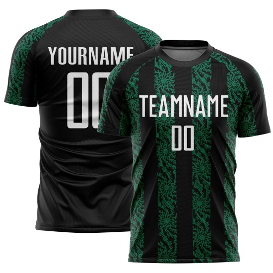 Custom Sublimation Black Soccer Green Shape Abstract Uniform Jersey White-Kelly