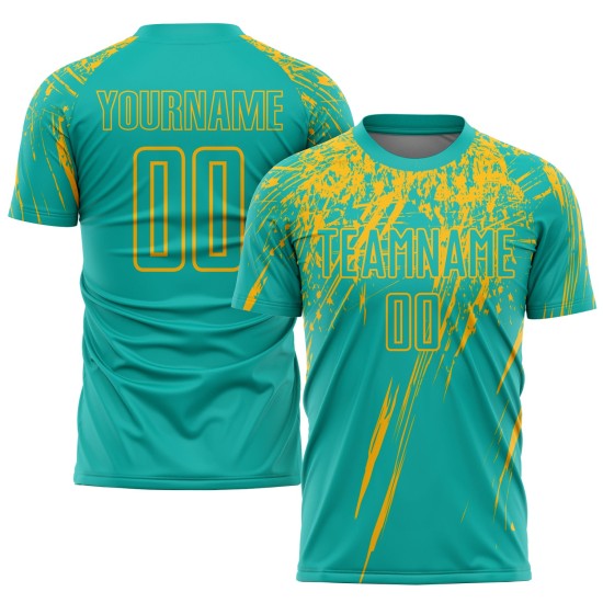 Aqua Custom Gold Sublimation Uniform Soccer Jersey